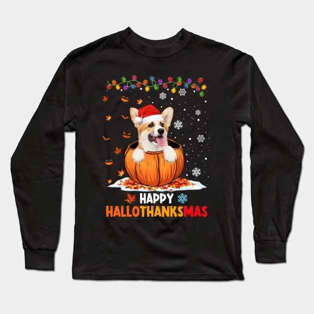 Corgi On Pumpkin Happy Hallothanksmas Long Sleeve T-Shirt by Magazine